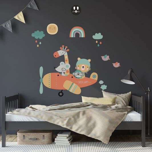 Sticker mural pour enfant Avion d'animaux heureux