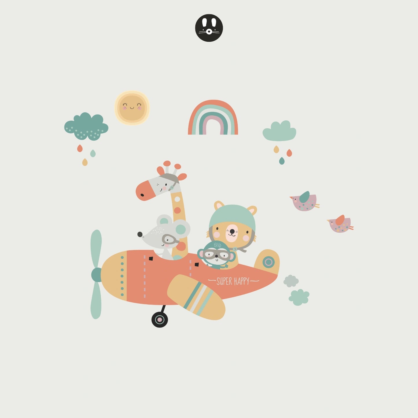 Sticker mural pour enfant Avion d'animaux heureux