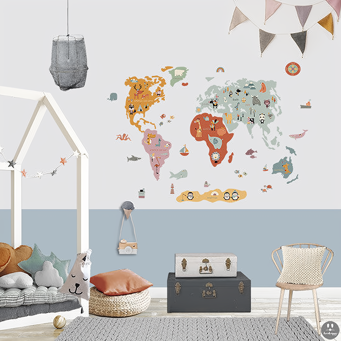 Childrens fabric wall sticker World Map Animal vintage colors