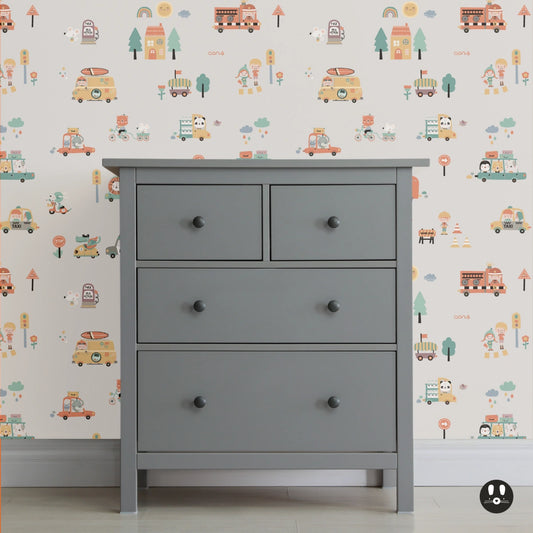 Children's wallpaper happy cars gray
