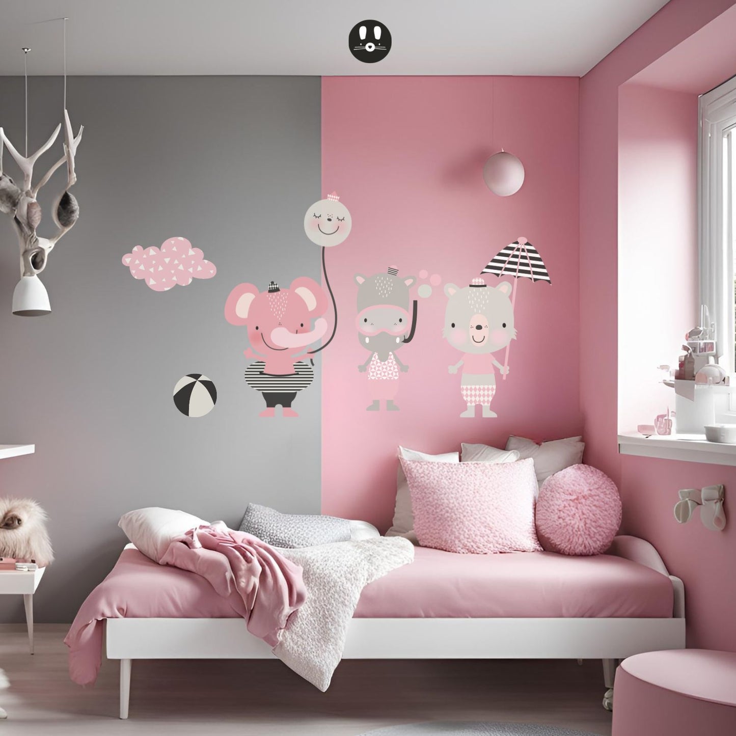 Childrens wall sticker nordic style pink animals beach