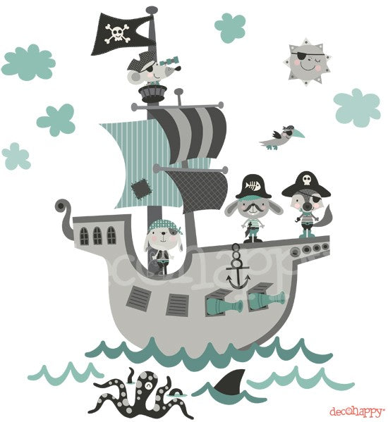 Vinilo infantil de tela Barco Pirata mint