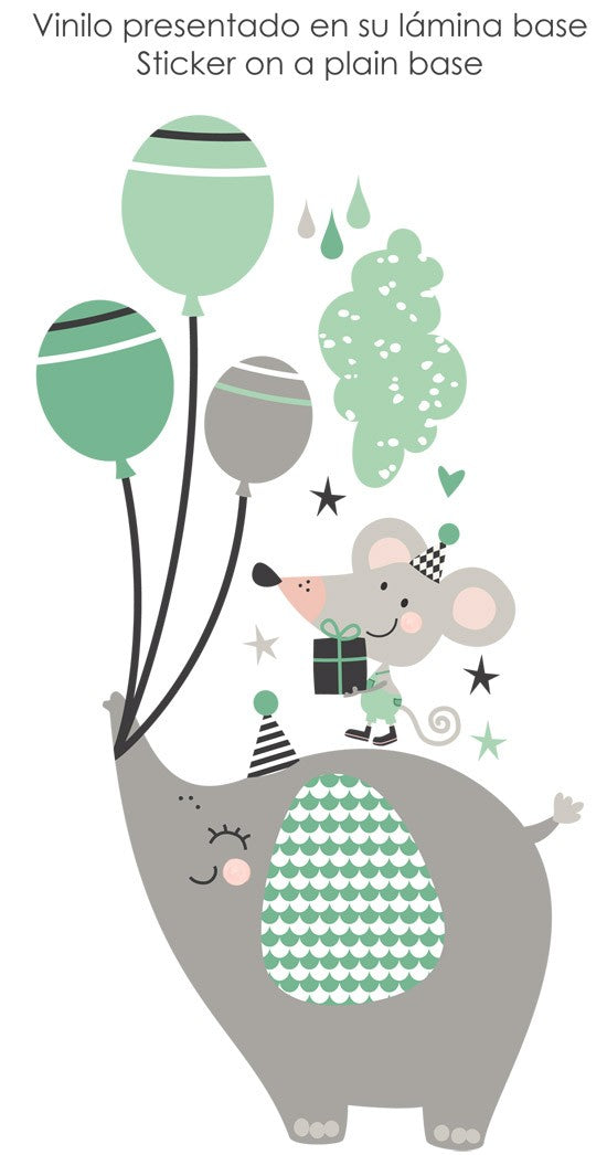 Vinilo infantil Elefante ratón mint
