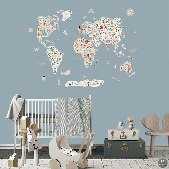 vinilo infantil de tela Mapamundi multi cultural crudos