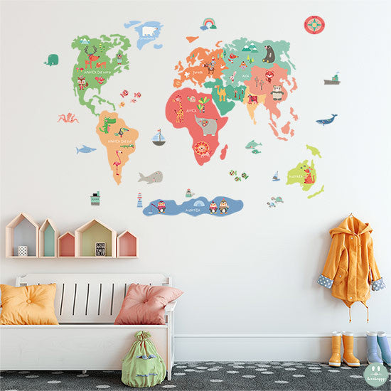 Mapamundi de animales: infantil, para pared, alfombra o imprimir