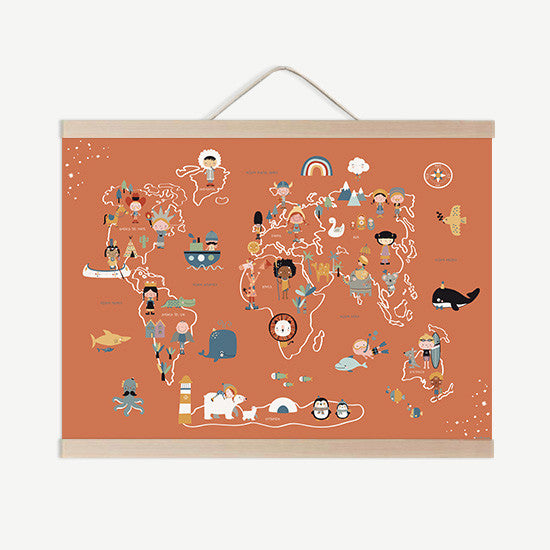 Lámina infantil mapamundi etnias fondo canela