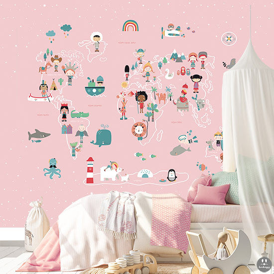 Mural de pared infantil mapamundi etnias rosa – Decohappy
