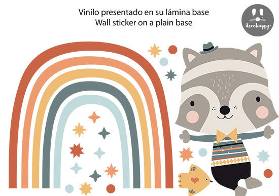 Vinilo infantil mapache arcoíris