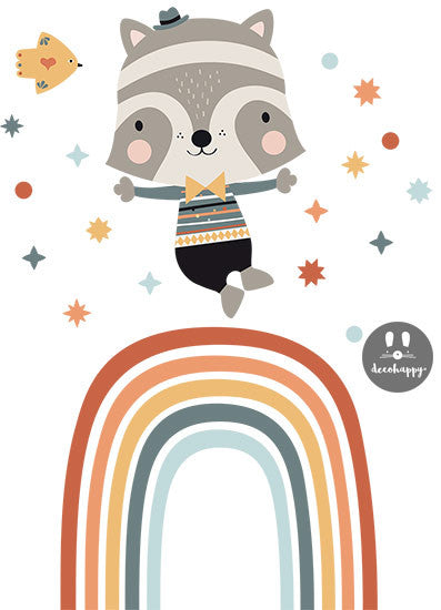 Vinilo infantil mapache arcoíris