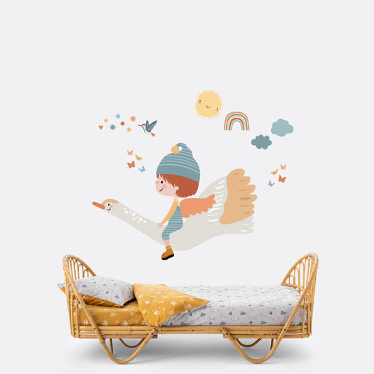 Vinilo infantil duende feliz volando en oca