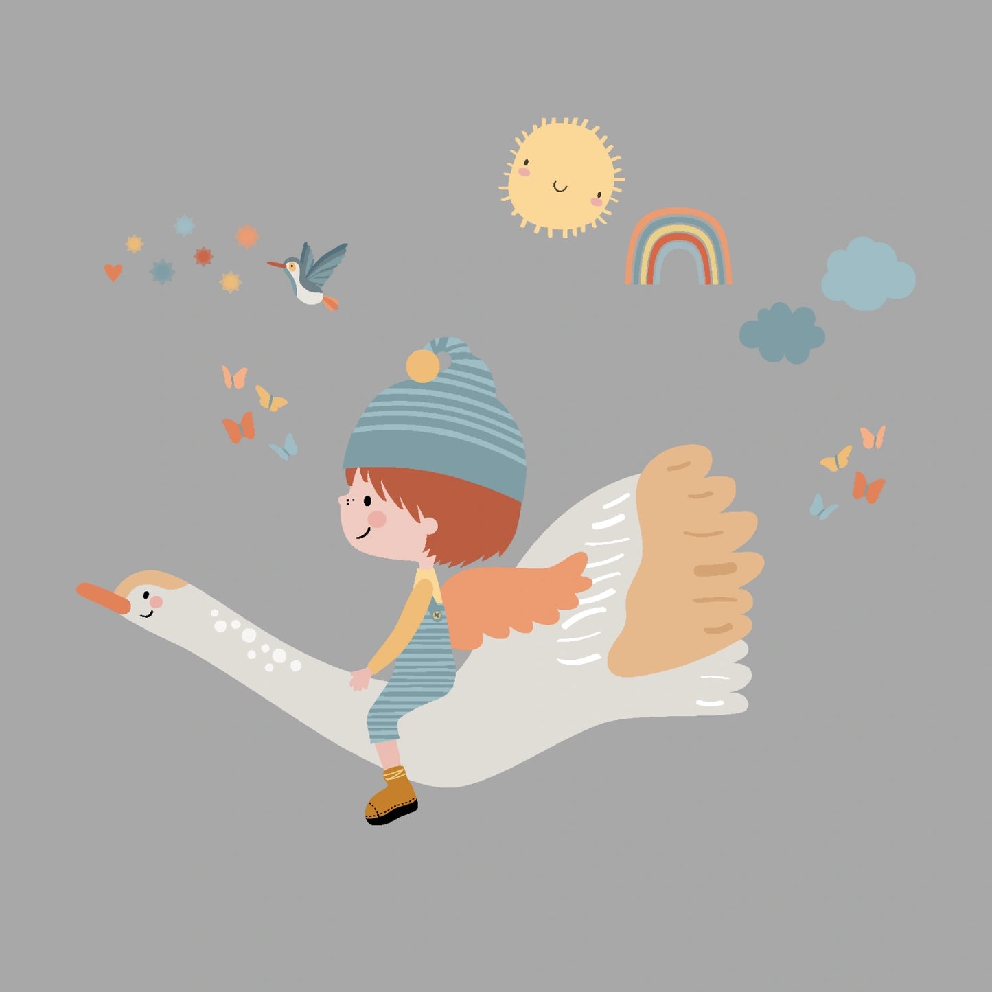 Vinilo infantil duende feliz volando en oca