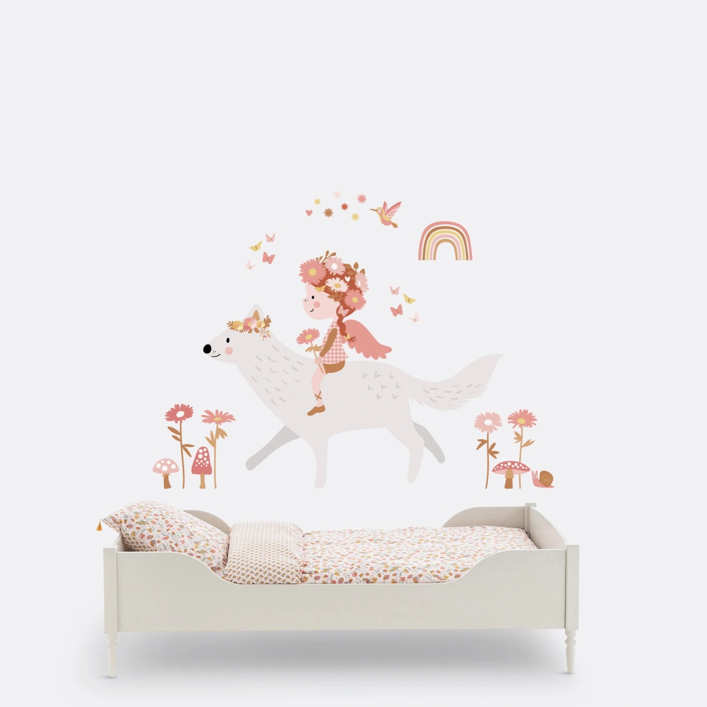 Vinilo infantil hada de las flores en lobo blanco