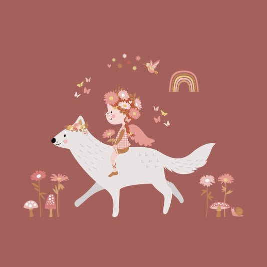Vinilo infantil hada de las flores en lobo blanco