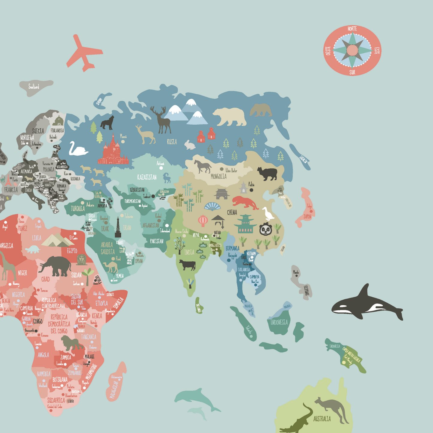 Lámina infantil Mapamundi político colores