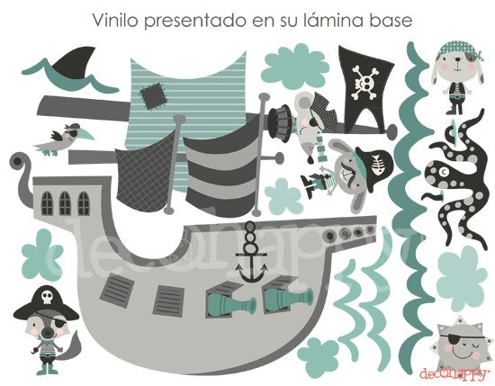 Vinilo infantil de tela Barco Pirata mint