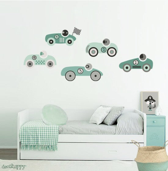 Vinilo infantil coches carreras mint