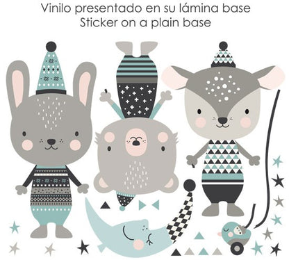 Vinilo infantil de tela Animales happy mint