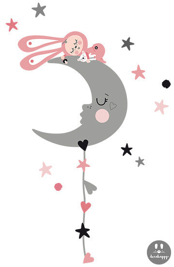 Vinilo infantil dormido en la luna estilo nórdico rosa