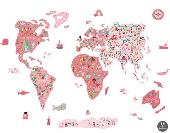 vinilo infantil de tela Mapamundi multi cultural rosas