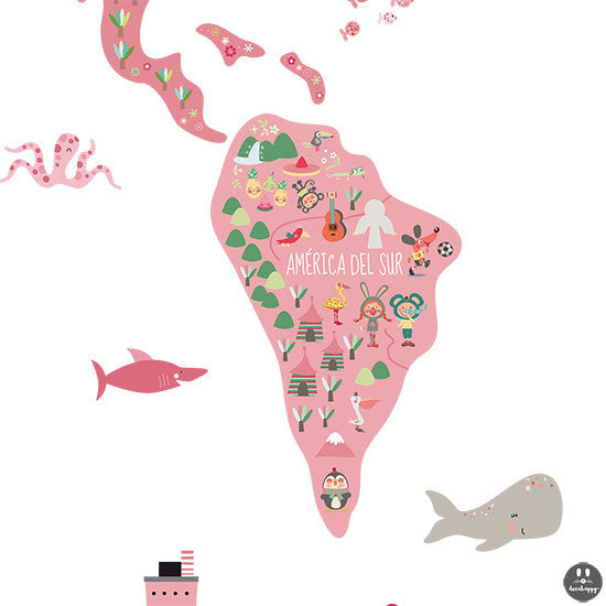 vinilo infantil de tela Mapamundi multi cultural rosas