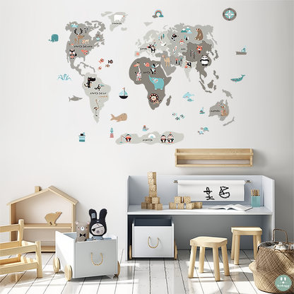 Childrens fabric wall sticker World Map Neutral Animal