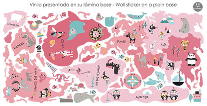 Vinilo infantil de tela Mapamundi Animal rosa