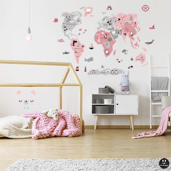 Vinilo infantil Mapamundi Animal rosa gris