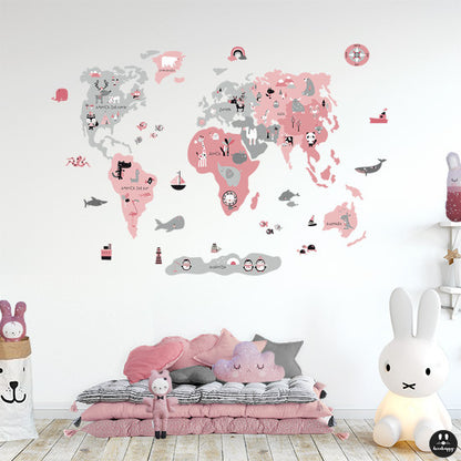 Vinilo infantil Mapamundi Animal rosa gris