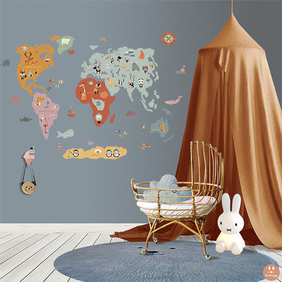 Vinilo infantil de tela Mapamundi Animal colores vintage