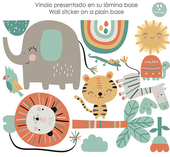 Vinilo animales selva feliz elefante león