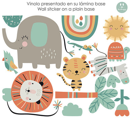 Vinilo animales selva feliz elefante león