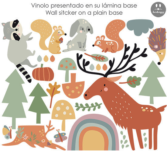 Vinilo infantil bosque feliz reno ardillas