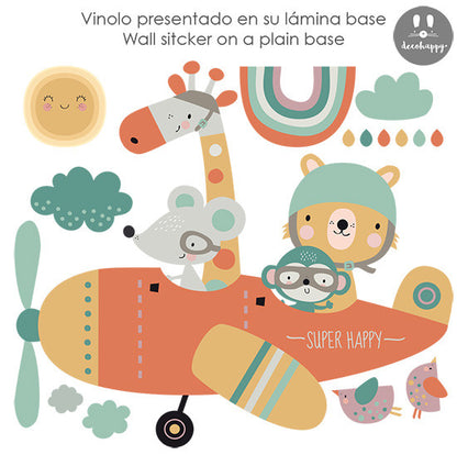 Vinilo infantil avioneta animales felices