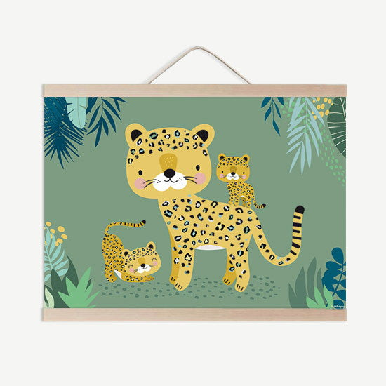 Lámina infantil leopardo mama con bebes salvajes