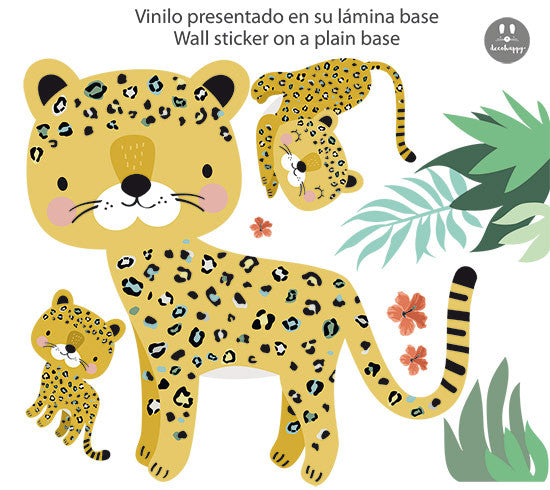 Vinilo infantil mama y bebes leopardos salvajes