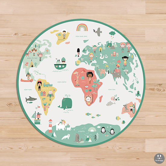 Alfombra de vinilo mapamundi etnias colores