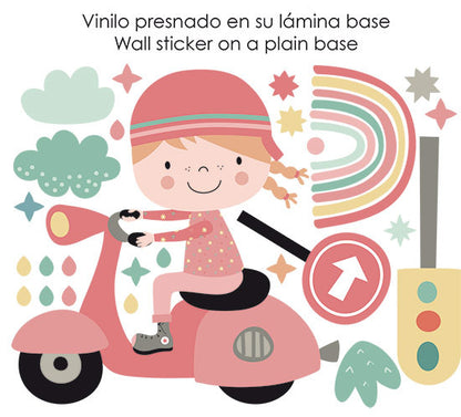 Vinilo infantil chica en vespa