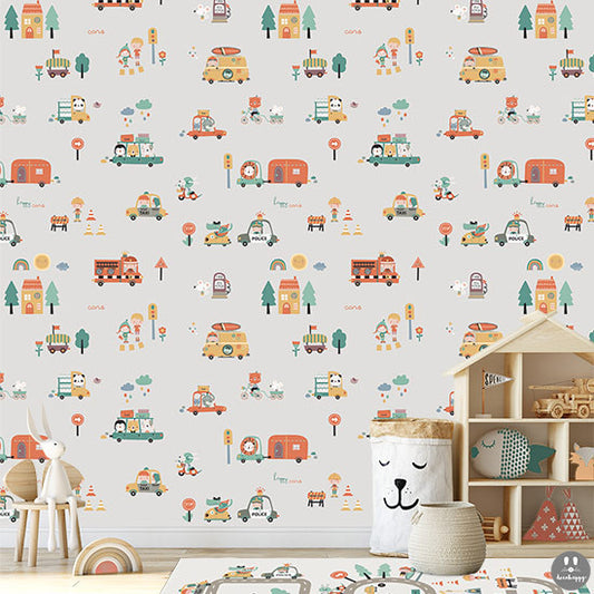 Papel pintado infantil happy coches gris