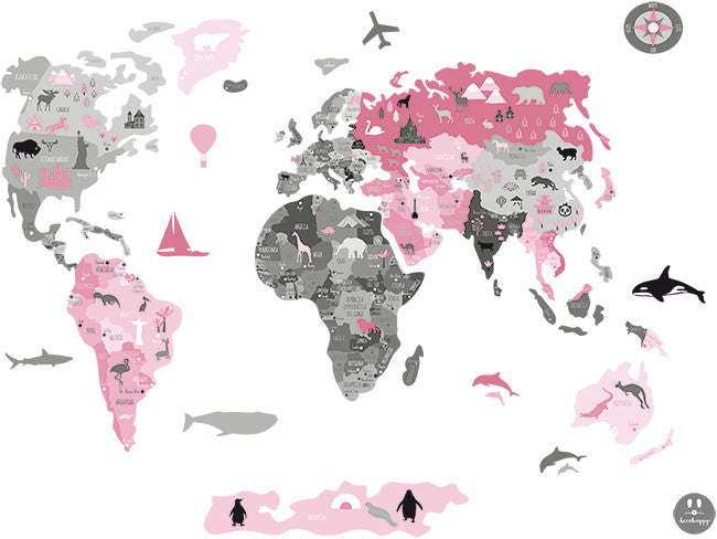 Vinilo infantil Mapamundi político rosas