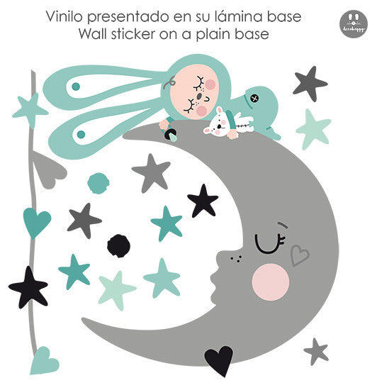 Vinilo bebe dormido en la luna menta estilo nórdico