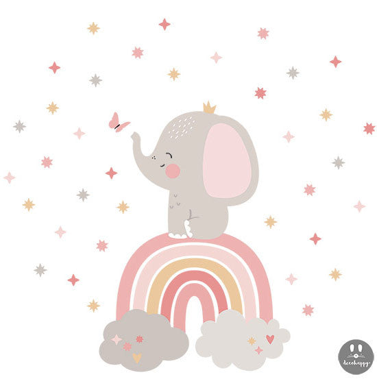 Vinilo bebe elefante del arcoíris rosas