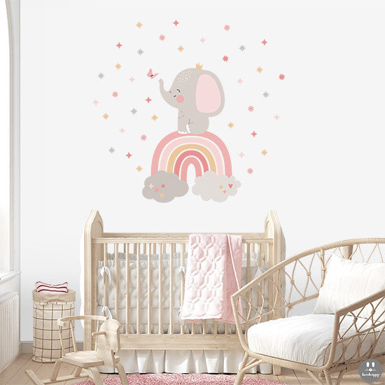 Vinilo bebe elefante del arcoíris rosas