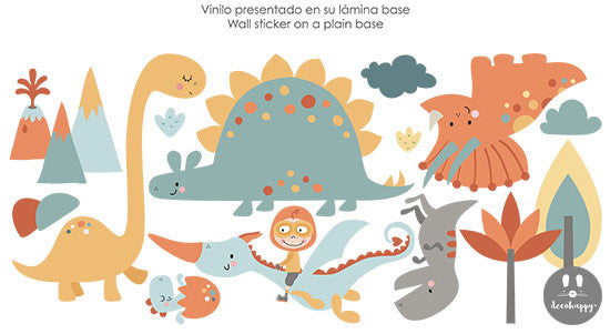 Vinilo infantil Dinosaurios felices colores vintage