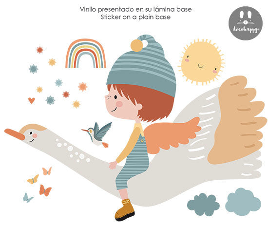 Vinilo infantil duende feliz volando en oca