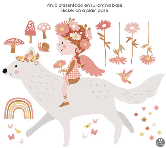 Vinilo infantil hada de las flores en lobo blanco