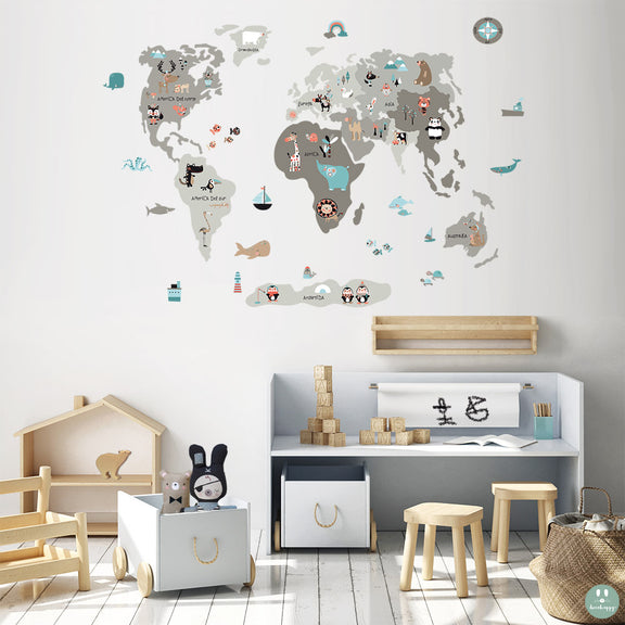 Kids wall sticker World map Neutral animal Decohappy