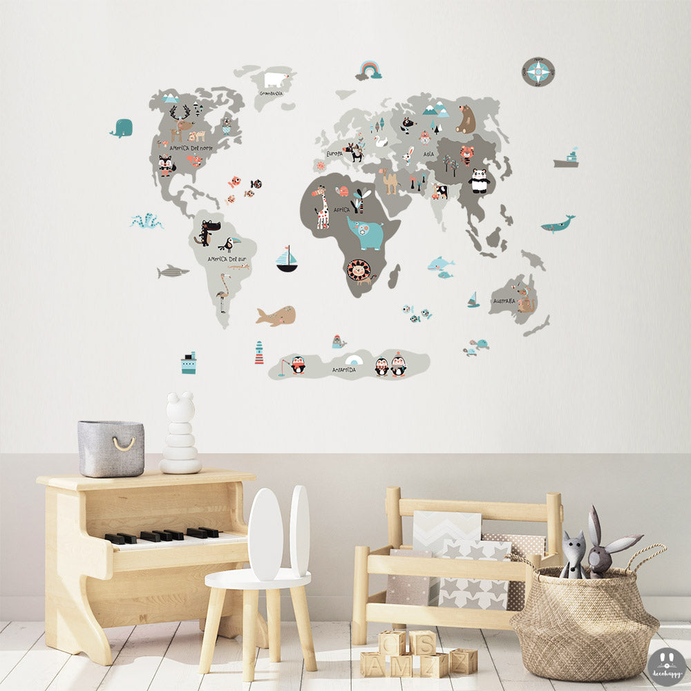 Childrens fabric wall sticker World Map Neutral Animal